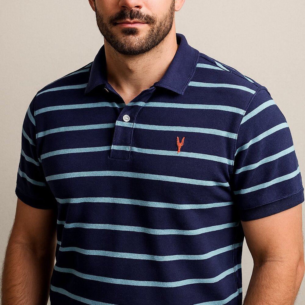 Old Navy Men’s Striped Polo Shirt Navy Teal Large 2‑Button Placket